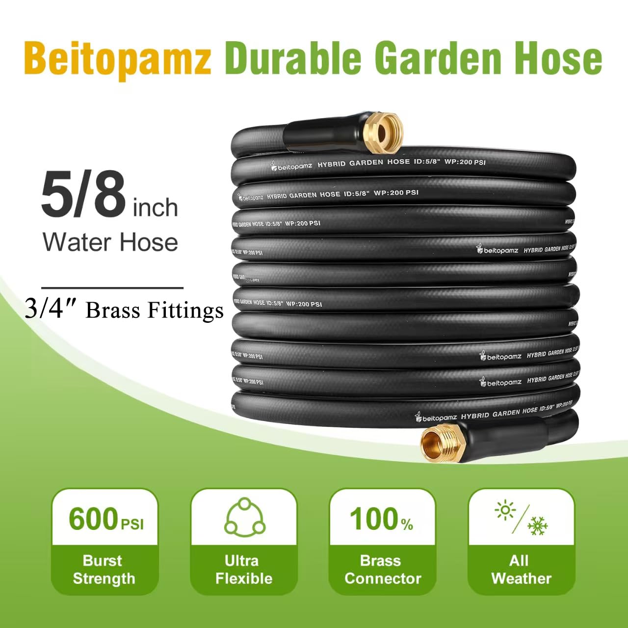 Beitopamz 100 ft Garden Hose, 5/8 in Heavy Duty Water Hose, Flexible and Durable, Lightweight Rubber Hybrid Hose, Leak-Free Connections, Male to Female 3/4'' Brass Fittings for Patio, Lawn, Black