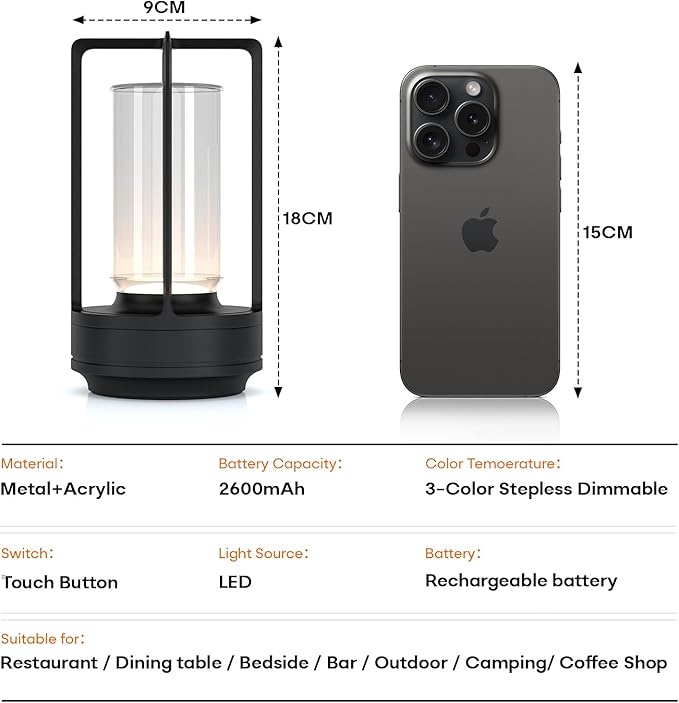 Portable Metal Table Lamp for Indoor/Outdoor ,Rechargeable Cordless LED Lamp, 3-Colour Infinitely Dimming Battery Powered Small Desk Lamp, Restaurant/Bedroom/Bar/Coffee Shop/Camping Light (Black)