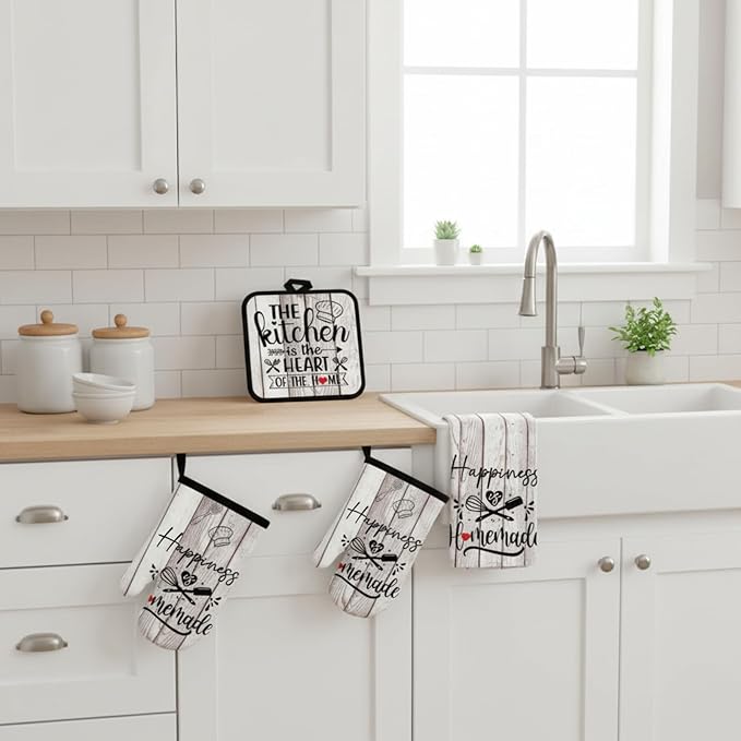 Sratte 6 Pcs Kitchen Decor Accessories Set Farmhouse Towels Pot Holders Oven Mitts Set 2 Dish Towels 2 Potholders 2 Cooking Mittens Oven Glove for Christmas Baking Cooking(White Wood Grain)
