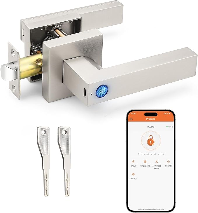 Probrico Smart Lock Keyless Entry Door Lock with Handle, Satin Nickel Smart Locks for Front Door Fingerprint Door Handle for Bedroom Bathroom, Electronic Biometric Digital WiFi APP Control