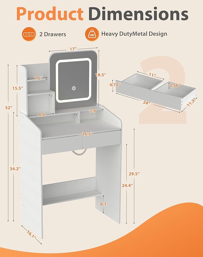 Small Makeup Vanity Desk for Girls with Lighted Mirror, 26.5” W Dressing Table with 2 Drawers and Power Outlet, 3 Light Modes & Adjustable Brightness, Vanity Table for Women Bedroom, White
