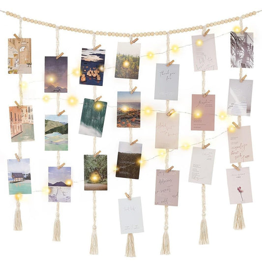 Funvalley Surperfect Macrame Hanging Photo Display Wall Decor with String Lights, Boho Wooden Beads Garland Collage Picture Card Frame Holder with 45 Clips for Bedroom Living Room Dorm