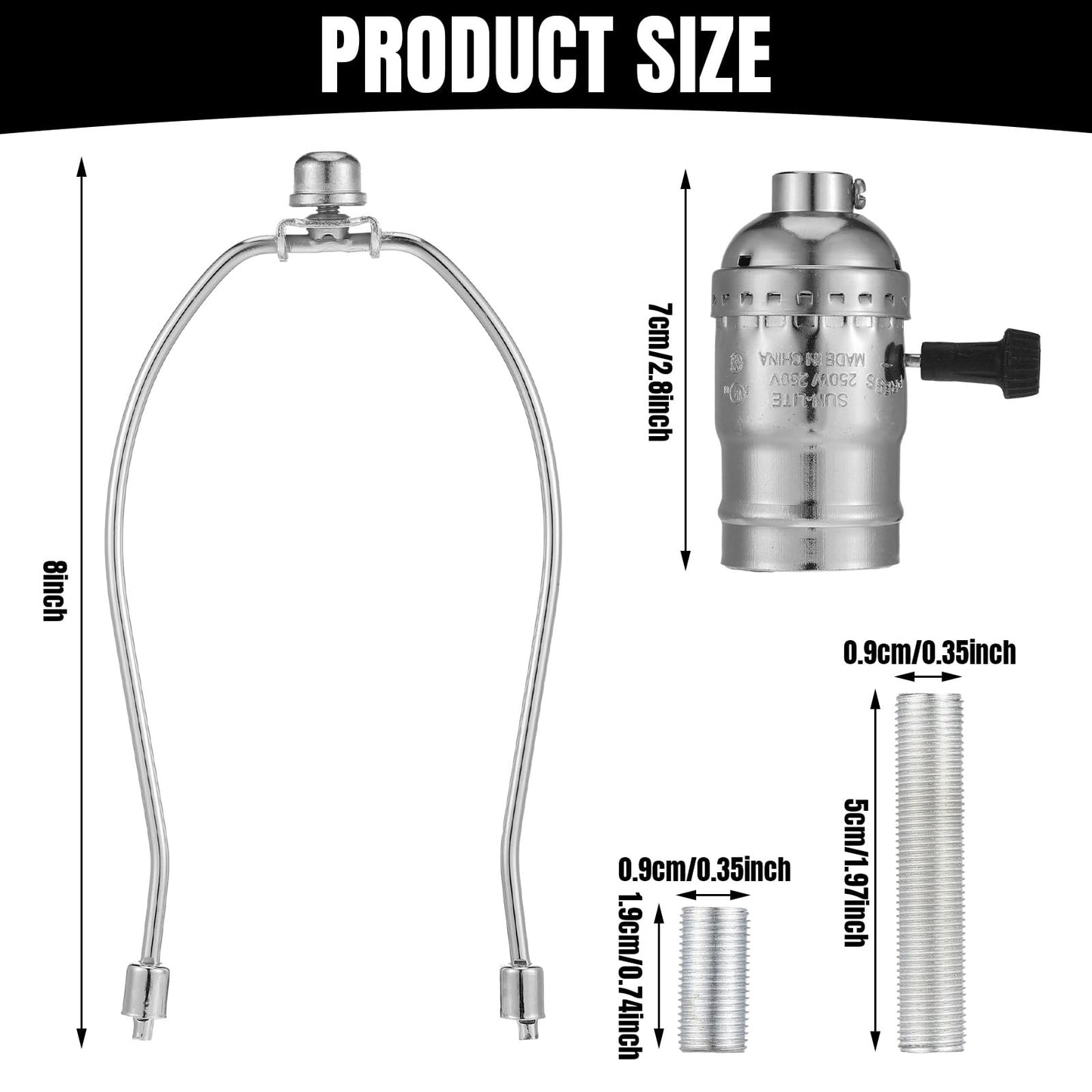 Baquler 2 Set Lamp Rewire Kit Make a Lamp or Repair Kit with 8'' Harp 12" Tube Pipe 3 Way Socket 8 ft Cord and All Hardware Parts for DIY Antique Table Centerpiece Design(Silver)"