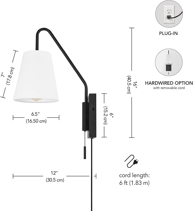 Globe Electric 65000043 1-Light Plug-in or Hardwire Wall Sconce, Matte Black, White Fabric Shade, Swing Arm, 6ft Black Braided Fabric Cord, On/Off Pull Chain, Wall Lights for Living Room, Home Décor
