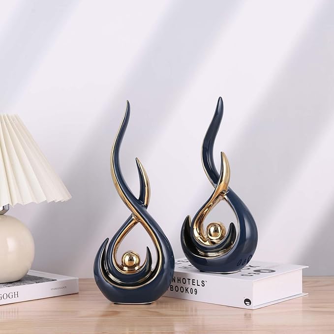 Abstract Ceramic Modern Sculpture, Knick Knacks Statues for Living Room, Shelf, TV Stand, Coffee Table, Dining Room, Office, Bedroom, Home Decor, Centerpiece, Great Gift Idea (Blue Gold)