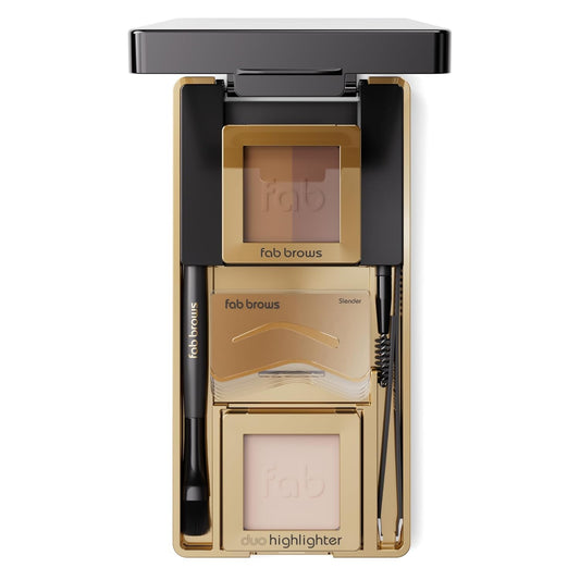 LUX Duo Stencil Eyebrow Kit - The Ultimate Brow Stencil Kit with Duo Brow Powder, Highlighter Powder, Stencil Shapes, Eyebrow Tools & Mirror - Eyebrow Stencil Kit Makeup - Light Brown/Medium