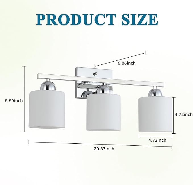 Stainless Steel Milk Glass Vanity Lights for Bathroom, 3 Light Chrome Bathroom Light Fixtures Over Mirror, Ceramic E26 Sockets Wall Mounted