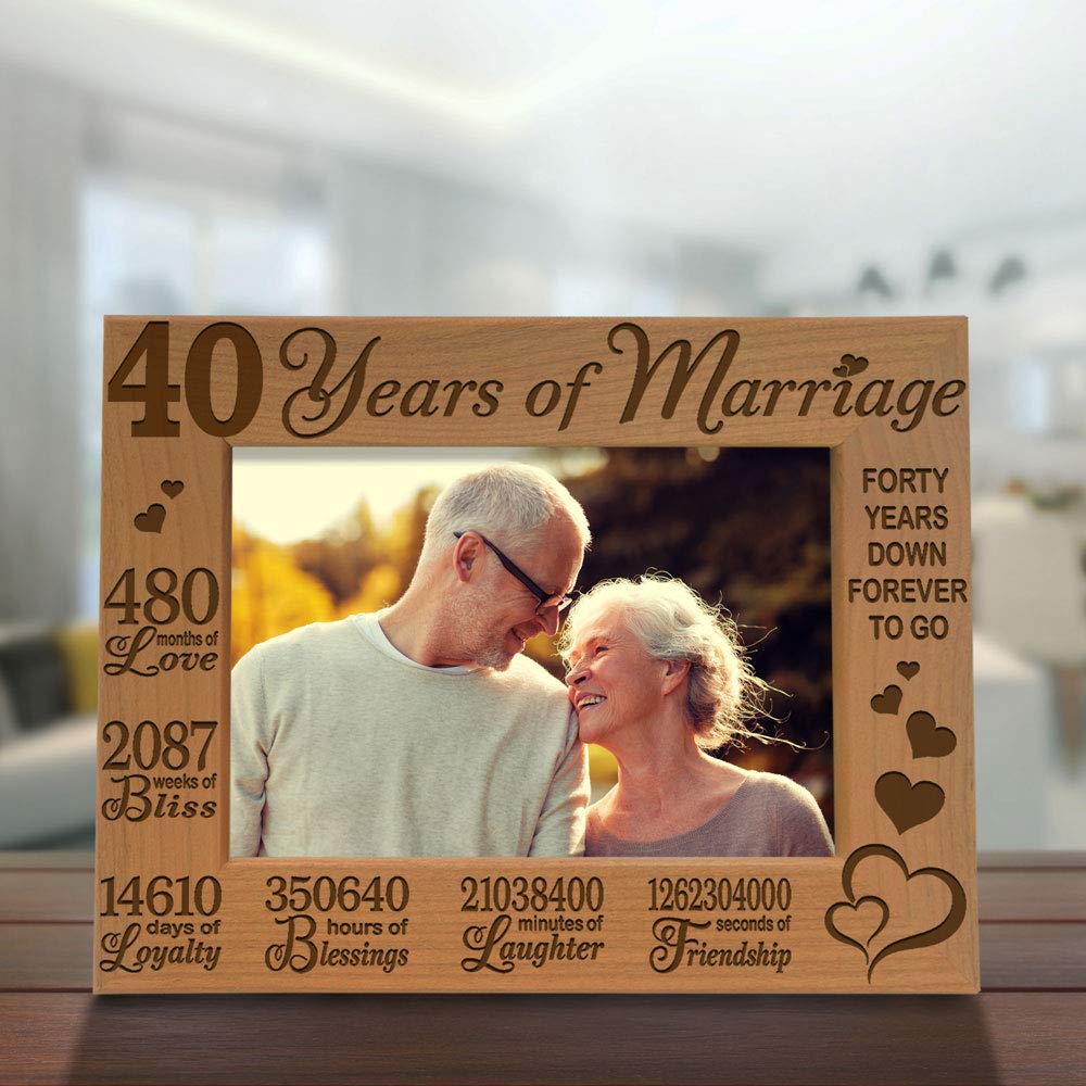 KATE POSH 40 Years of Marriage Engraved Natural Wood Picture Frame, 40 Years Together as Husband and Wife, 40 Years Down Forever to Go, 40th Anniversary (5x7 Horizontal)