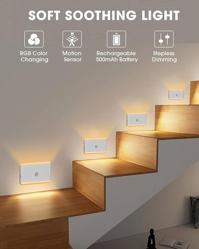 LAVAED Motion Sensor Night Light Indoor,RGB Charging Cordless Stair Lights,LED Wireless Step Light 500mAh Rechargeable Battery Operated Stick On Light for Hallway,Kitchen,Closet,Cabinet,Bedroom(4pack)