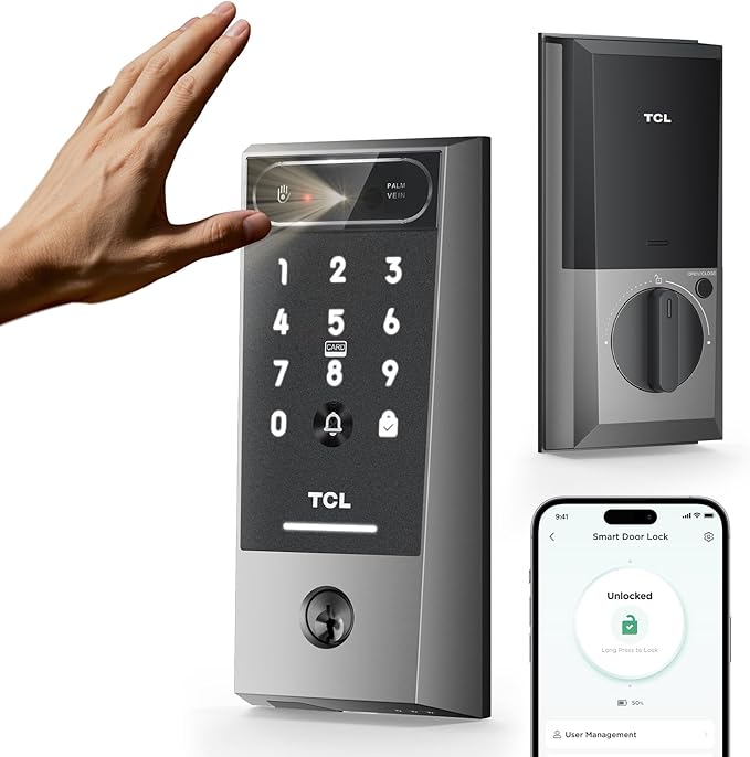 TCL Palm Vein Smart Lock D2 Pro, Wi-Fi Keyless Entry Deadbolt Door Lock, Built-in Doorbell, Key Fob, App Control, Auto Lock, Rechargeable Battery, Works with Alexa & Google Lock for Front Door