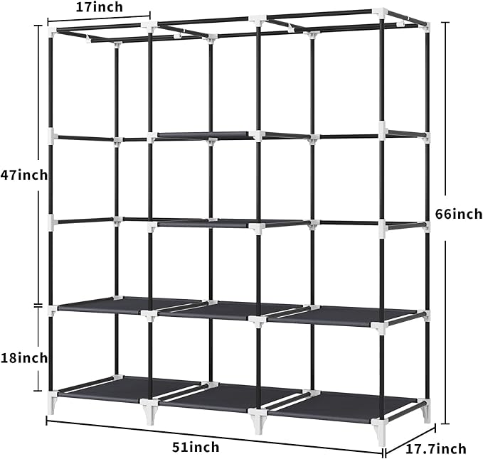 Portable Closet, 51 Inch Wardrobe Closet for Hanging Clothes with 2 Hanging Rods, 8 Storage Organizer Shelves for Bedroom, Durable and Easy to Assemble, Grey