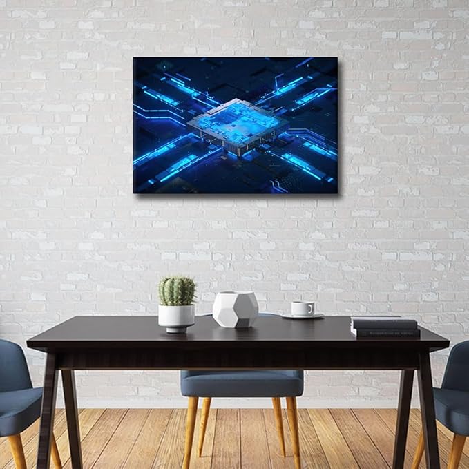 TUMOVO 1 Piece Canvas Wall Art for Bedroom Futuristic CPU Wall Art for Living Room Digital Chip Wall Art Decor CPU Concept Modern Artwork for Home Walls Giclee Framed Ready to Hang 24x16in