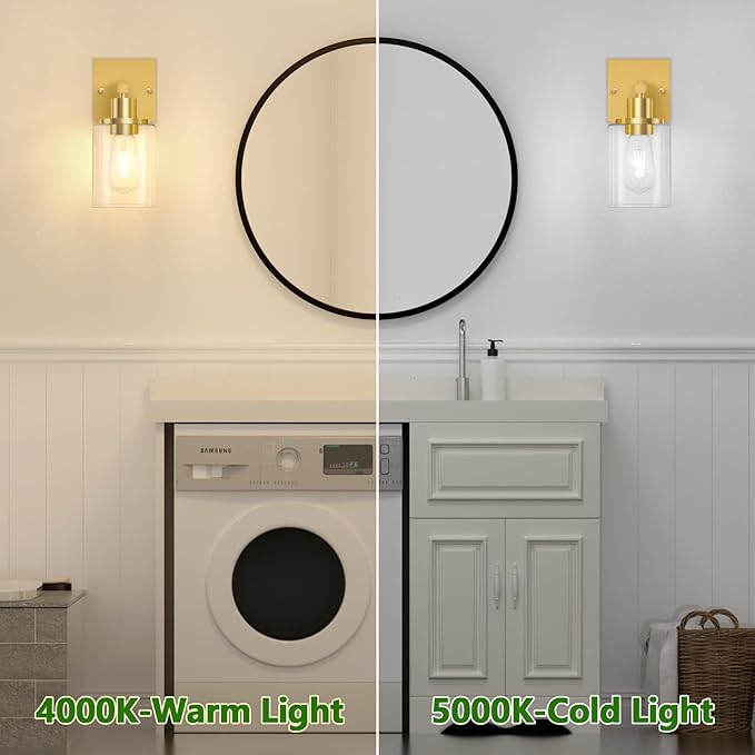 Licperron Gold Wall Sconces Set of 2, Bathroom Sconces Wall Lighting with Clear Glass Shade, Modern Brushed Glod Vanity Wall Light Fixtures for Bedroom, Mirror, Living Room, Hallway, E26 Base