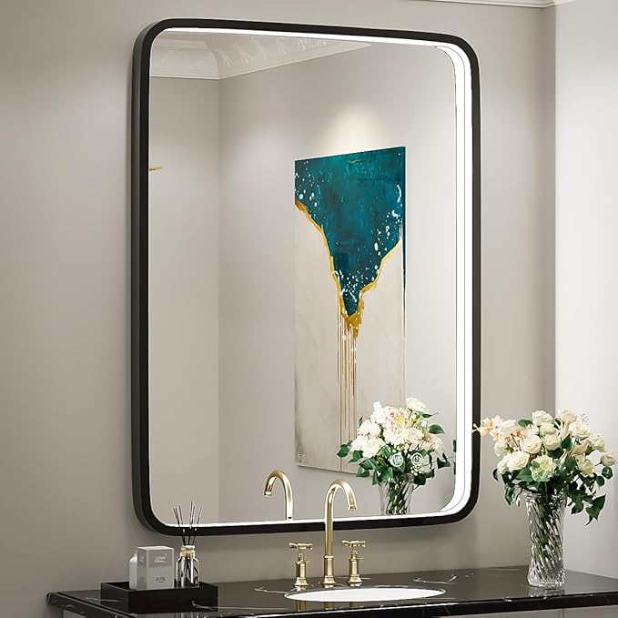 32X24 Inch LED Bathroom Mirror with Light, Black Metal Frame Mirror, Wall Mounted Lighted Vanity Mirrors for Wall, Anti Fog Dimmable Led Mirror for Makeup