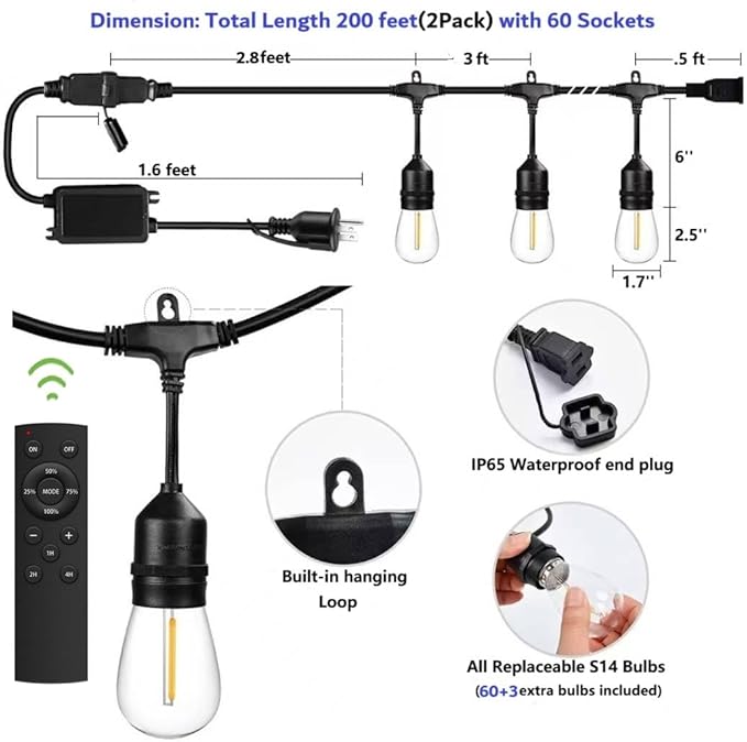 Remote Control Outdoor String Lights 200FT for Outside Patio Lights Waterproof with 63 Replaceable S14 Bulbs for Bistro Pergola Porch Backyard Dimmable, 2200K, Linkable, Hooks, Zip Ties included