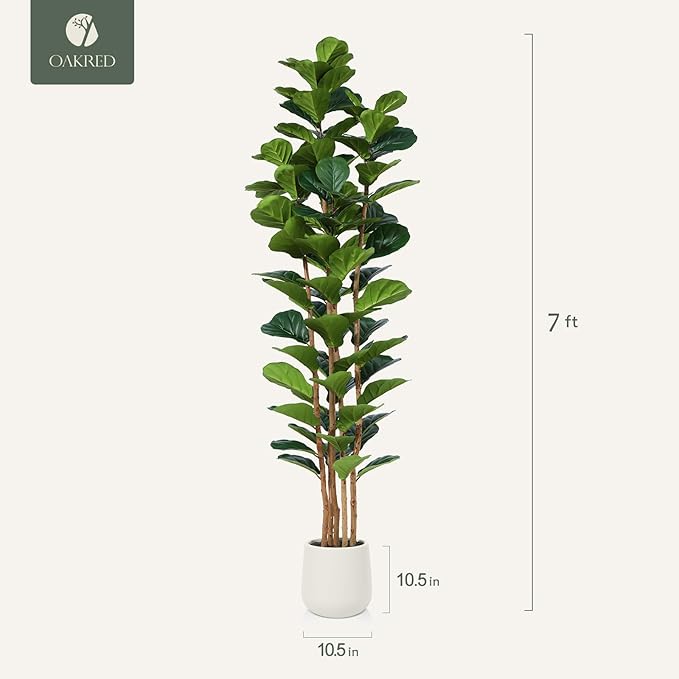 Artificial Fiddle Leaf Fig Tree with White Planter, 7ft Tall Fake Tree with Natural Wood Trunk for Home Decor, Faux Ficus Tree Fake Moss for Indoor Office Living Room