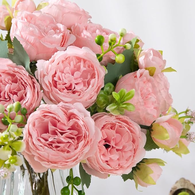 Artificial Peonies Silk Flowers in Glass Vase Faux Flowers Bouquets Modern Penoy Arrangement 4 Pack for Home Decoration Table Centerpiece (Pink)