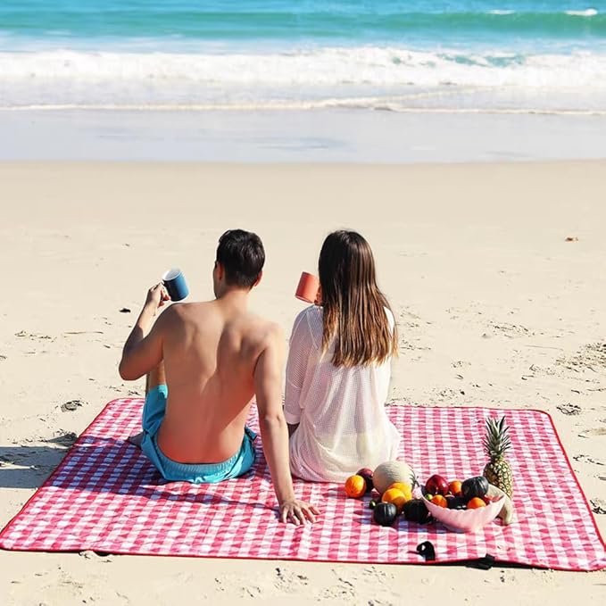 RUIBOLU Large Picnic Blankets,80x60in Beach Blanket Sandproof Beach Mat for 3-5 Adults Waterproof Quick Drying Outdoor Picnic Mat for Travel Camping Hiking(Red Plaids)