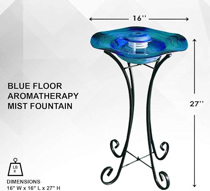 XBrand 27" LED Mist Indoor Floor Fountain, Freestanding Water Feature with Inline Control, Aromatherapy, Glass & Metal, Blue