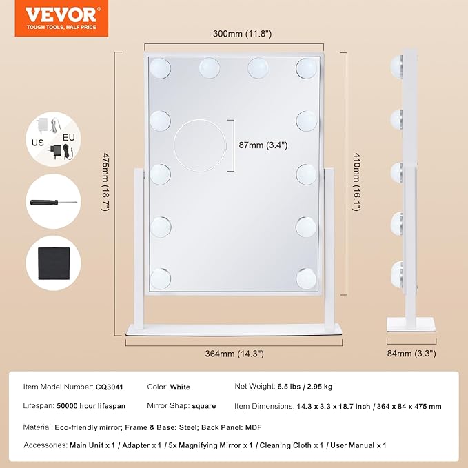 VEVOR Hollywood Vanity Mirror with Lights, 12 Dimmable Bulbs & 3 Color Lighting Modes, Makeup Mirror with Detachable 5X Magnification, Smart Touch Control, 360 Degree Rotation(16.1x11.8 in, White)