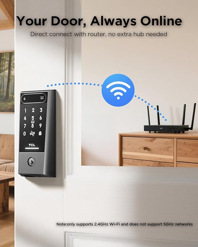 TCL Palm Vein Smart Lock D2 Pro, Wi-Fi Keyless Entry Deadbolt Door Lock, Built-in Doorbell, Key Fob, App Control, Auto Lock, Rechargeable Battery, Works with Alexa & Google Lock for Front Door