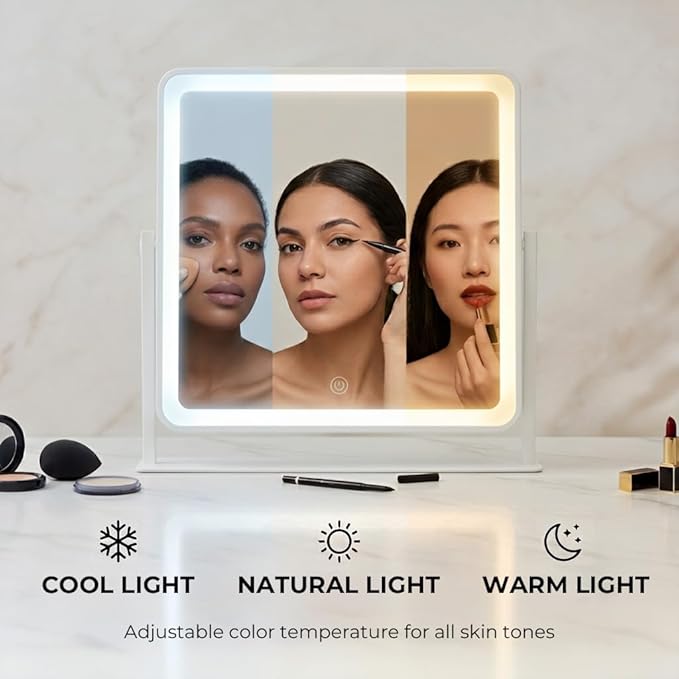 Vanity Mirror with Lights, 12"×14" Makeup Mirror with Lights, LED Makeup Mirror, Smart Touch with 3 Color Lighting Modes, Brightness Adjustable, for Bedroom Tabletop - White