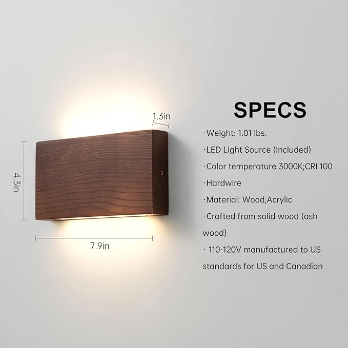 Solid Wood Wall Sconces, Slim Thin Hardwired Wall Lights, 3000K Warm White Modern Wooden Wall Sconce Lighting, Suitable for bedrooms,hallways,corridors,staircases