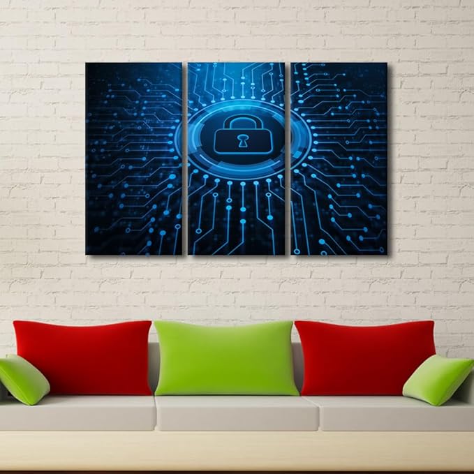 Security Lock Symbol Picture 3 Pieces Wall Decorations for Living Room AI Intelligence Canvas Prints Lock Painting Wall Art Contemporary Wall Decor for Home Office Framed Ready to Hang, 42"Wx28"H