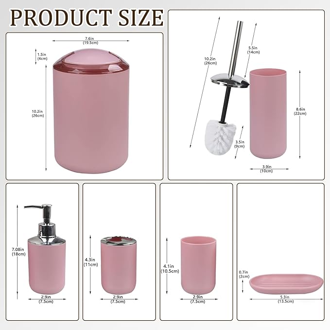CERBIOR Bathroom Accessories Set 6 Piece Bath Ensemble Includes Soap Dispenser, Toothbrush Holder, Toothbrush Cup, Soap Dish for Decorative Countertop and Housewarming Gift (Blush pink-6pcs)