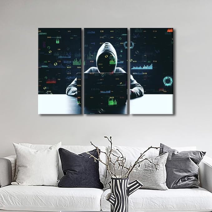 TUMOVO 3 Pieces Wall Art Hacker Malware Paintings for Home Wall Decorations AI Big Data Canvas Prints Hacker Artwork for Home Walls Contemporary Home Decor Framed Ready to Hang Posters, 42" Wx28 H