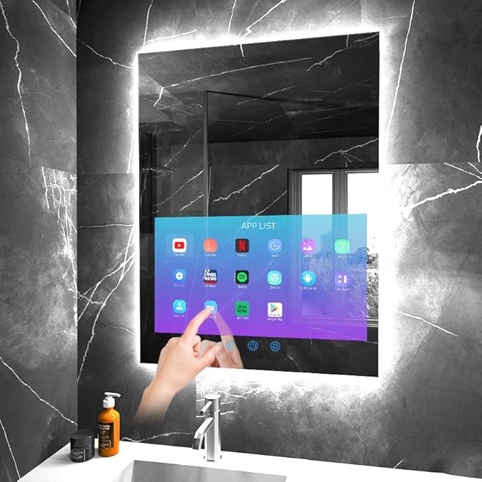 32"x24" Smart Waterproof Anti-Fog Vanity Mirror with Built-in 21.5" Touch Display, Android OS, Adjustable 3-Color LED, Bluetooth/WiFi/HDMI, Streaming Apps for Bathroom & Bedroom