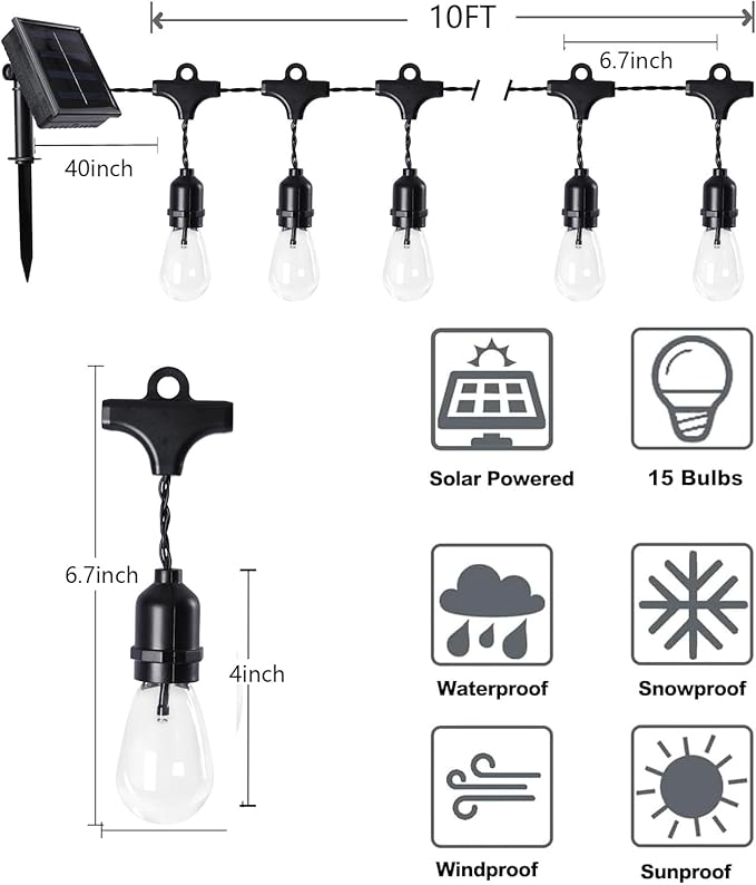 Vigdur 11FT Solar String Lights Outdoor Waterproof with 15 Plastic Bulbs Shatterproof & Auto ON/Off, Solar Powered Patio Lights for Camping Backyard Garden Porch Decor