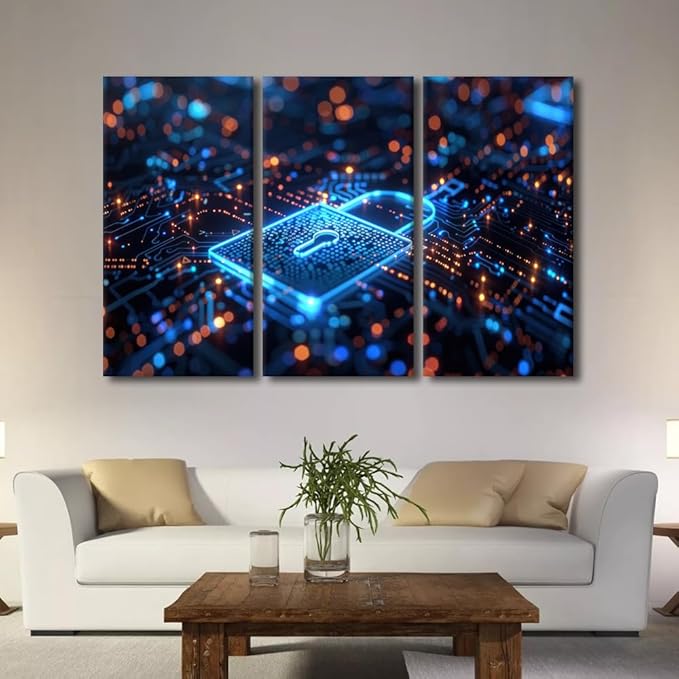 AI Canvas Prints AI Intelligence Wall Art Security Lock Symbol Picture Lock Paintings Canvas Print 3 Pieces Framed Wall Art Giclee Artwork Stretched Ready to Hang Posters, 60" Wx40 H