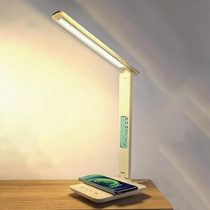 Smart Alarm Clock Lamp with Transparent Display,Wireless Charger Station,Dimmable Table Lamp with 3 Color Modes 5 Brightness,180° Flexible Desk Light for Bedroom,T26 White.