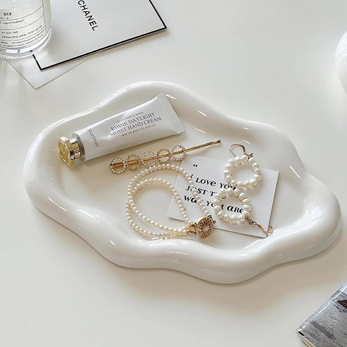 Jewelry Dish - Trinket & Ring Tray, Ceramic, Aesthetic Vanity Decor - Mother's Day, Christmas, Birthday Gift for Women (White)