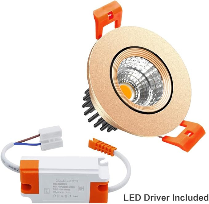 LightingWill 2inch LED Dimmable Downlight, 3W COB Recessed Ceiling Light, Warm White 3000K-3500K, CRI80, 25W Halogen Bulbs Equivalent, Gold (10 Pack)