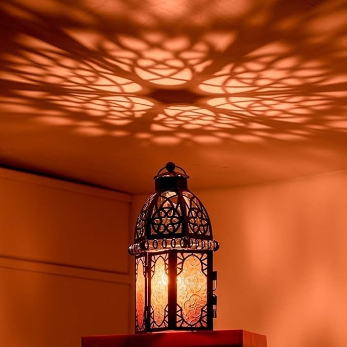 DECORKEY Moroccan Lanterns Decorative Indoor & Outdoor, 11’’ Medium Size Vintage Metal Hanging&Tabletop Candle Holder Decor, Halloween Christmas Ramadan Decorations for Home Porch Patio (Amber)