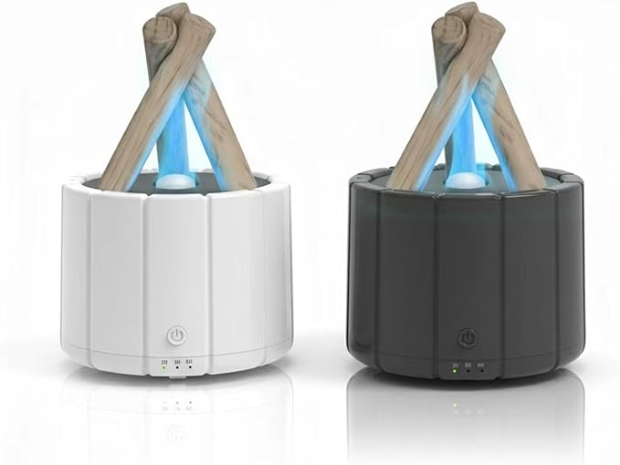 Aesthetic Campfire Essential Oil Diffuser, USB Rechargeable Wood Stack Humidifier with Remote, 7-Color Flame Light, Portable Aroma Diffuser for Home Office Decor, Unique Zen Gift (2, White, Black)