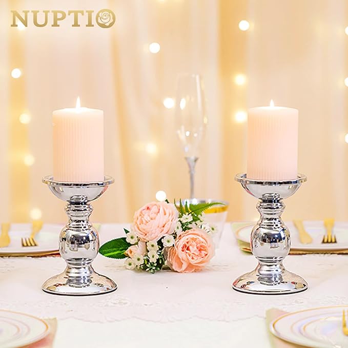 Nuptio Silver Pillar Candle Holders, Wedding Centerpieces Metal Candle Holder for 3inches Candles Stand Decoration Ideal for Weddings Special Events Parties Living Room, 2 Pcs