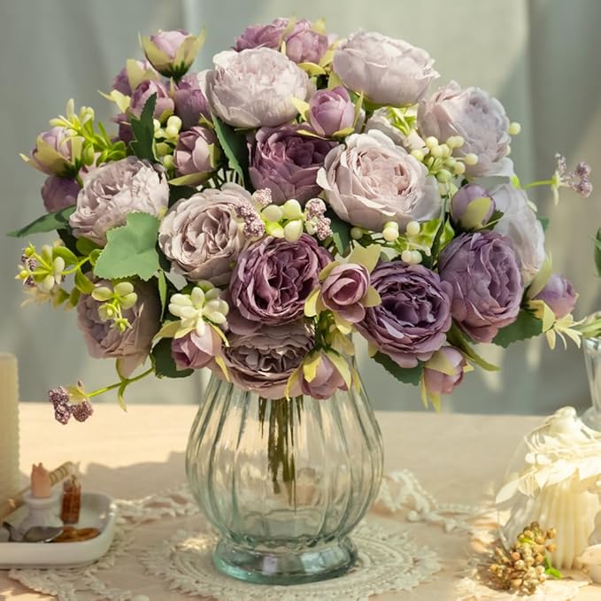 Artificial Peonies Silk Flowers in Glass Vase Faux Flowers Bouquets Modern Penoy Arrangement 4 Pack for Home Decoration Table Centerpiece (Purple)