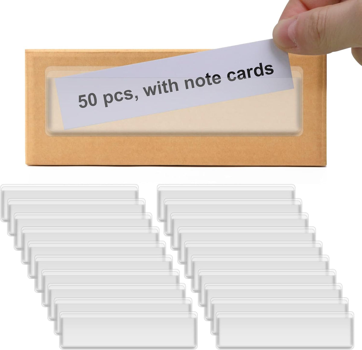 Label Holders Adhesive Shelf Tags - Fushing 50Pcs Clear Plastic Labels for Storage Bins with Name Label Badge Inserts, Removable Adhesive Pockets for Shelf Mailbox Binders Drawers Cabinets Organizer