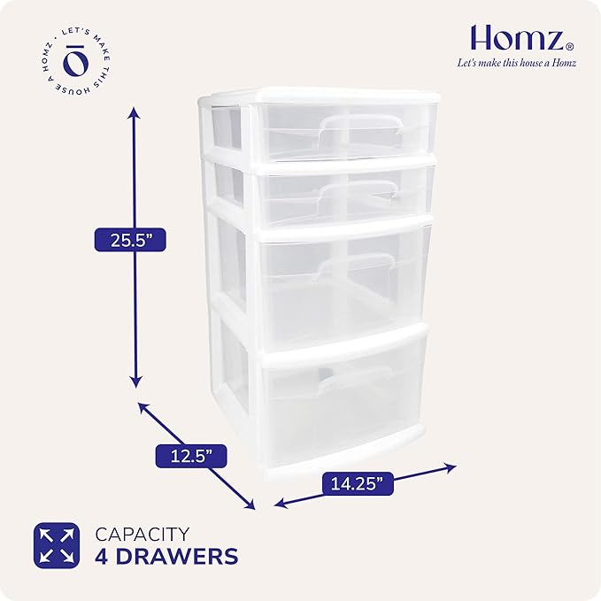 HOMZ Drawer Tower, 4-Tier Clear Plastic Storage Organizer Cart, White Frame – Rolling Containers with Wheels for Bathroom, Bedroom, Office, and Classroom Organization