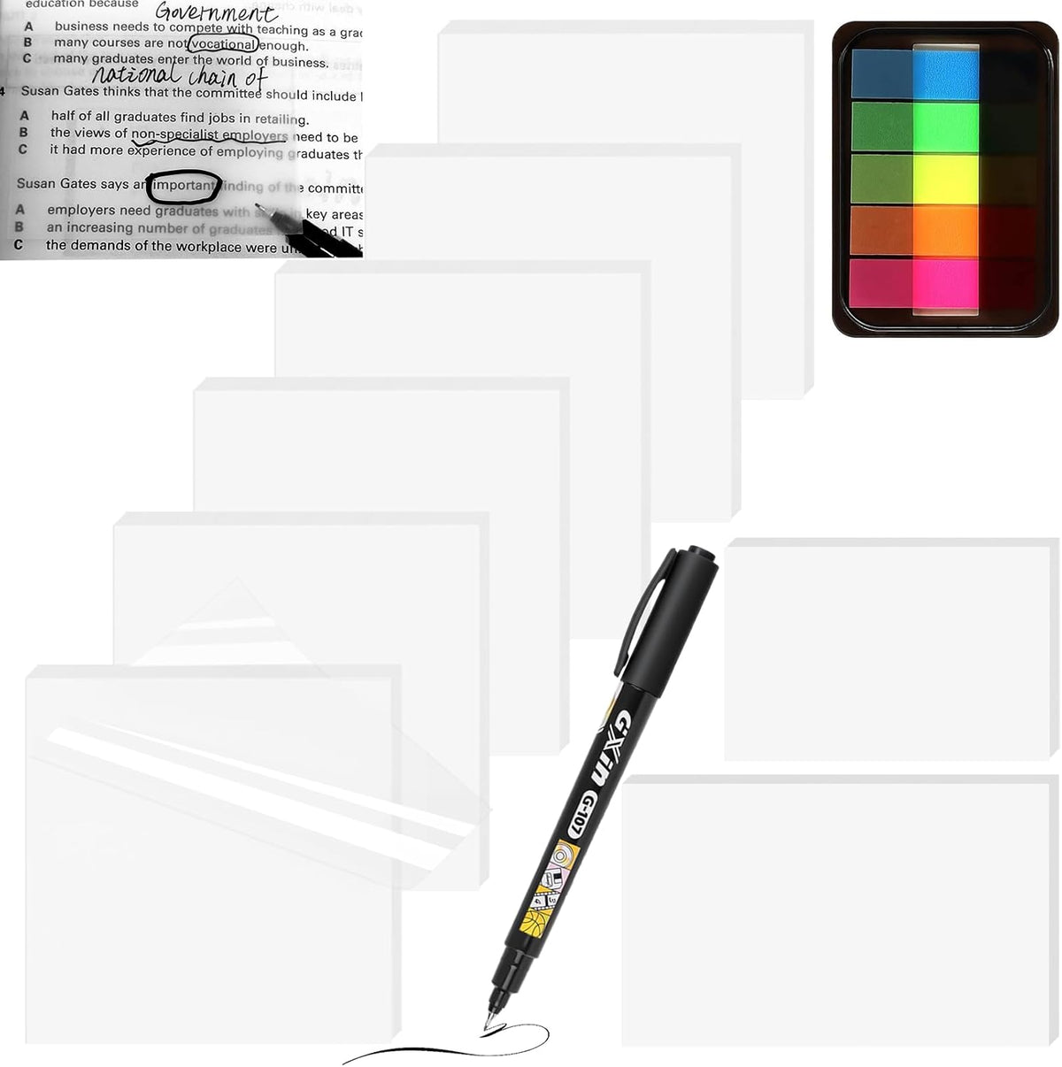 Transparent Sticky Notes (with Sticky Tabs & Marker), MEIGAONE 9 Pack Clear Sticky Note 3x3 Super Strong Adhesion, Waterproof Translucent Sticky Note for Study, Book,Office,School Supplies