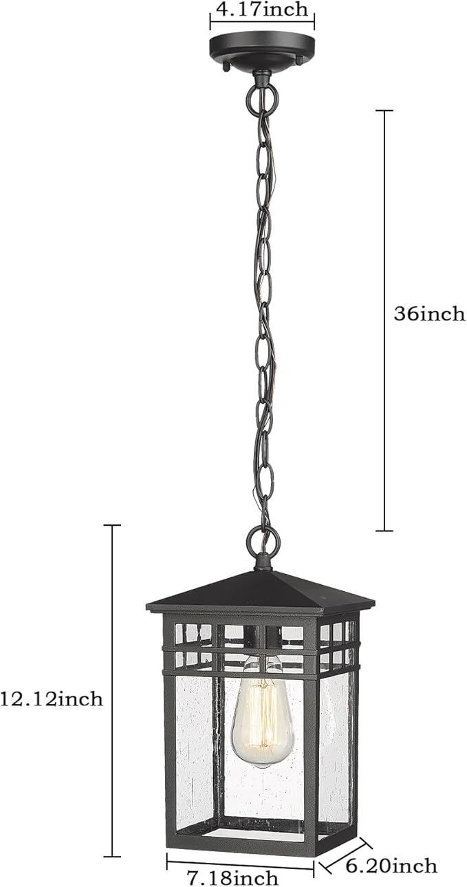 Outdoor Pendant Light Lanterns for Front Porch, Black Exterior Hanging Light Fixtures with Seeded Glass Shade for Patio, Entryway, Garage, Gazebo, RZ009-H BK