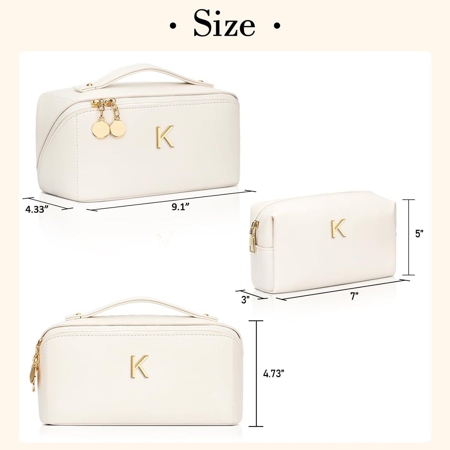 CLOUDWINGS Birthday Gifts for Women Teen Girl, Personalized Initial Makeup Organizer Bag Set, Open Flat Travel Cosmetic Bag With Clear Divider and Handle(Beige,K)