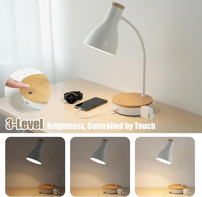 Desk Lamp for Home Office, 10W Wireless Charger Desk Light with USB C+AC Charging Ports,3 Ways Dimming Reading Light, Touch Table Lamp for College Dorm Room (White-Fast Charging (10W))
