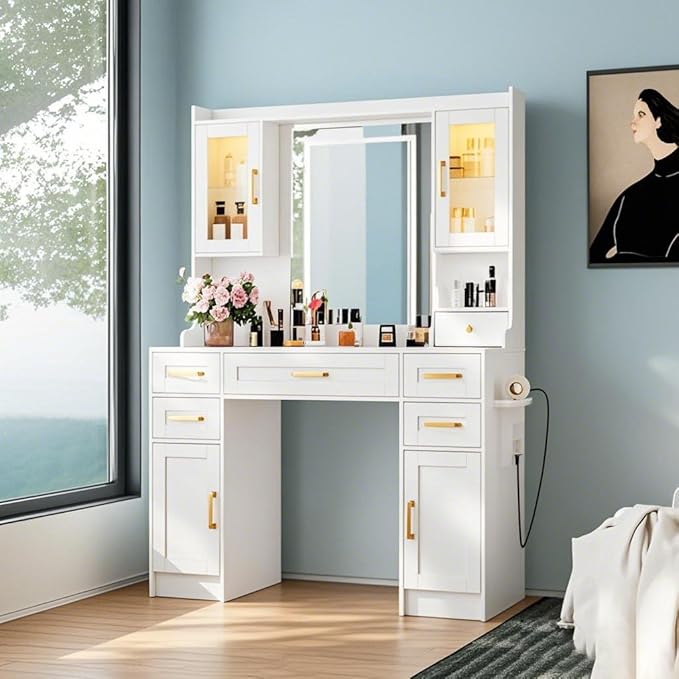 NUNU LAB 42 Inchs Large Vanity Desk with Mirror and Lights with 6 Drawers and 4 Cabinets, Big Women Makeup Table with Power Outlet, 3-Color Adjustable Lighting for Bedroom White