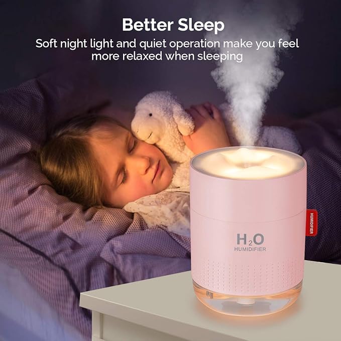 Portable Mini Cool Mist Humidifier, 500ml USB Personal Desktop Humidifier for Baby Bedroom, Travel, Office, Home - Auto Shut-Off, 2 Mist Modes, Super Quiet (Pink)