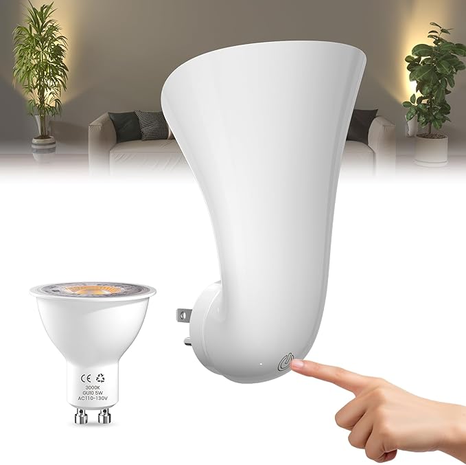 Plug in GU10 Wall Uplighter Lamp with Touch Control, 360° Rotatable Plugin Wall Wash GU10 Spotlight for Indoor Lighting, Indirect Lighting Inside, 5W Warm White 3000K LED Bulb Included