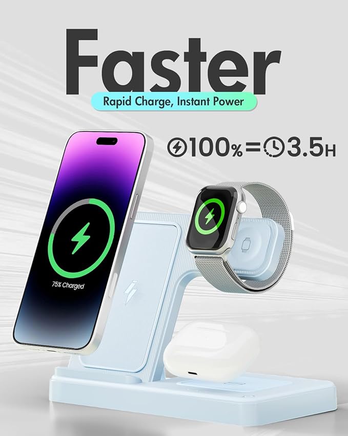 Wireless Charger Stand Charging Station: 3 in 1 Charger Stand Multiple Devices for Apple - iPhone 17 16e 16 15 14 Pro Max 13 12 - Watch 11 10 9 8 7 6 5 4 3 2 SE and Ultra Series-Airpods 4 3 Pro, Blue